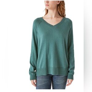 Lucky Brand Womens VNeck Sea Pine Green Sweater Long Sleeves Cotton Blend
